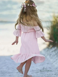 Robe cortège enfant boho robe cérémonie enfant Polyester Découpe Décolleté conçu Manches courtes Blanc