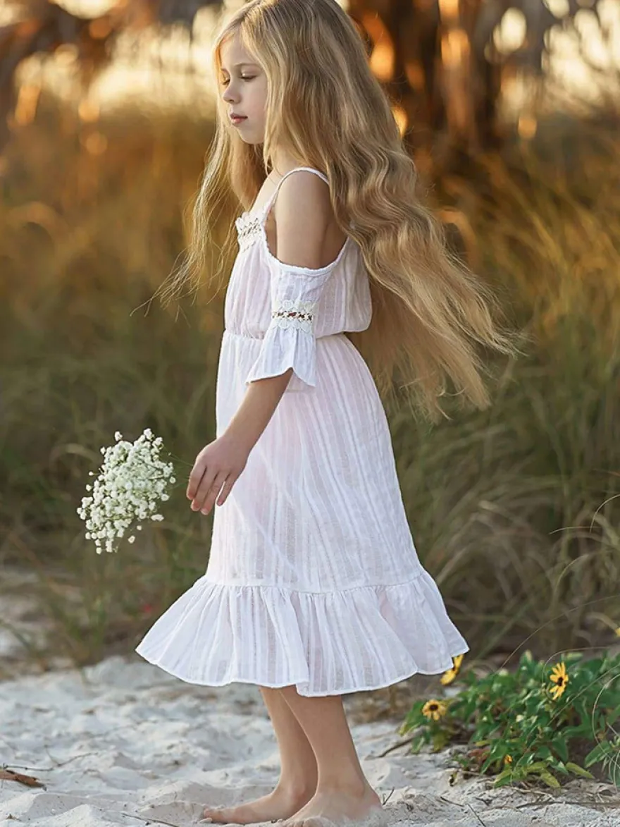 Robe cortège enfant boho robe cérémonie enfant Polyester Découpe Décolleté conçu Manches courtes Blanc