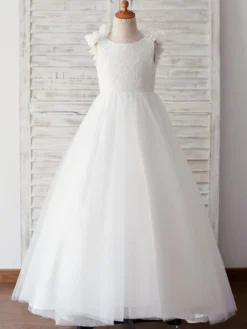 Robe cortège enfant col rond brodé dos en V décoré des fleurs jupe en tulle longeur à la cheville Robe fille de fleur