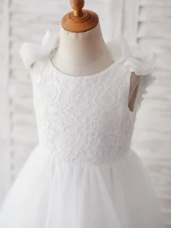 Robe cortège enfant col rond brodé dos en V décoré des fleurs jupe en tulle longeur à la cheville Robe fille de fleur