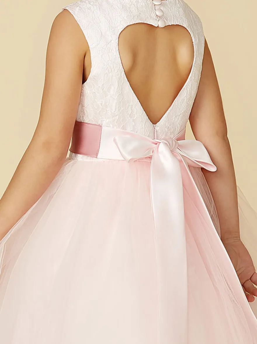 Robe cortège enfant col rond dos en coeur avec ceinture