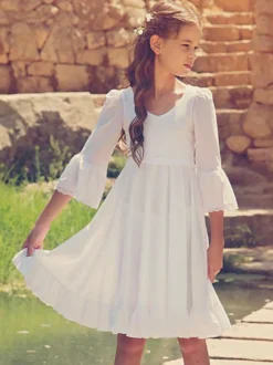 Robe cortège enfant col V demie-manche au genou