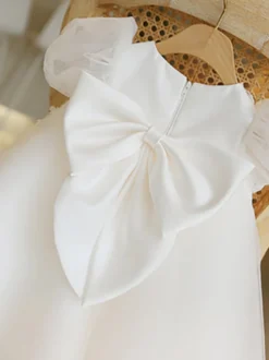 Robe cortège enfant ivoire robe de soirée mariage pour fille col rond manche courte zip sur dos
