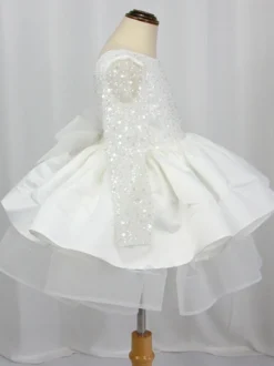 Robe cortège enfant princesse col rond dos en V manche longue à pailleté