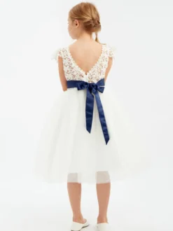 Robe cortège enfant Robe baptême fille col rond en dentelle nœud sur dos