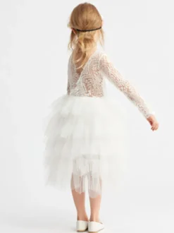 Robe cortège enfant Robe baptême fille col rond manche longue dos V