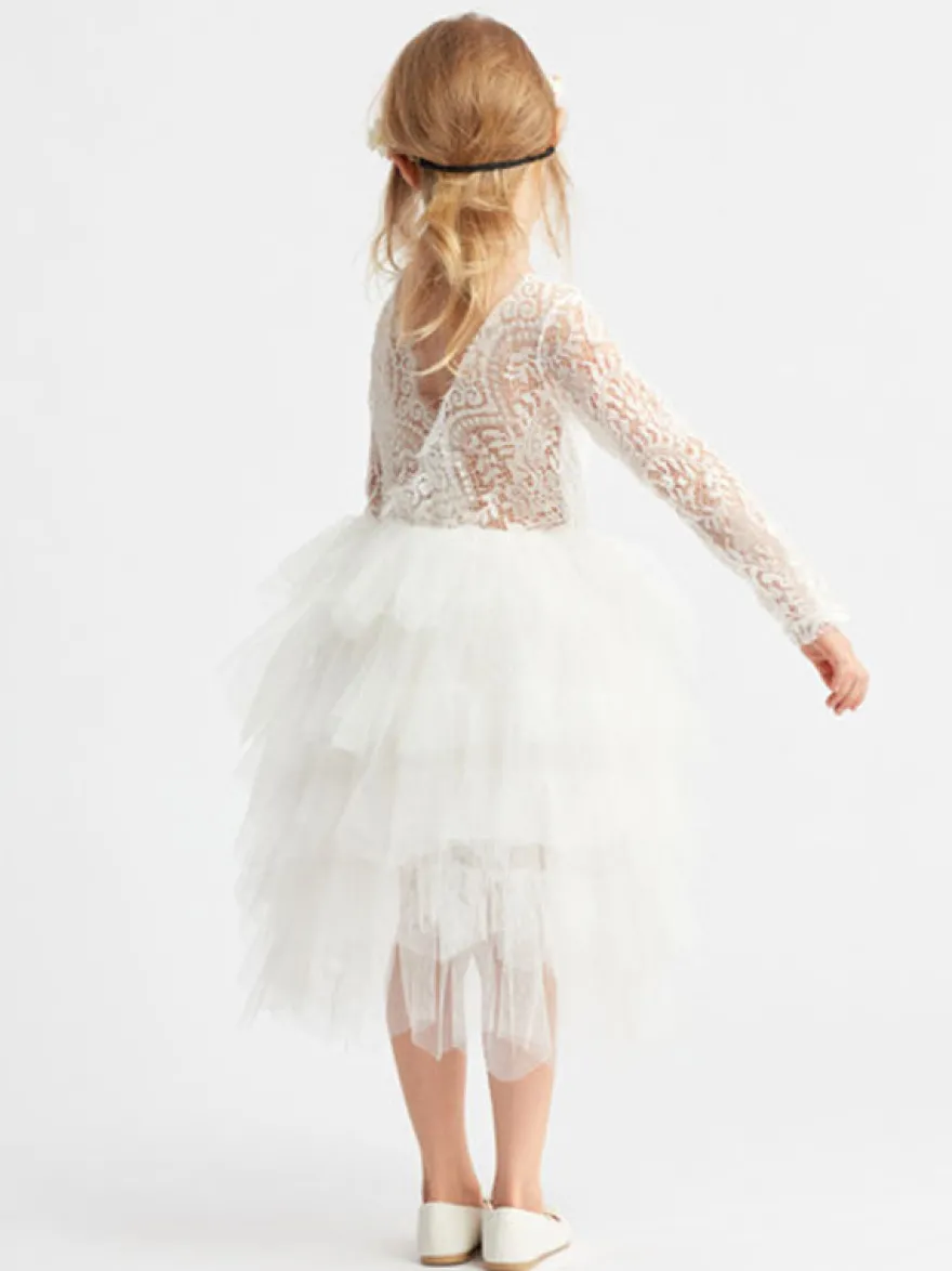 Robe cortège enfant Robe baptême fille col rond manche longue dos V
