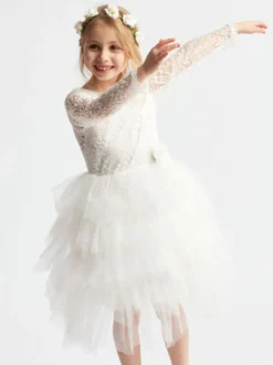Robe cortège enfant Robe baptême fille col rond manche longue dos V