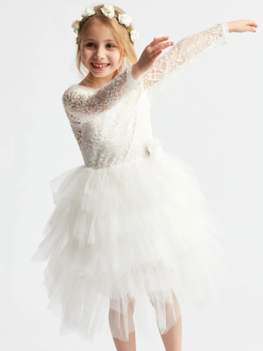 Robe cortège enfant Robe baptême fille col rond manche longue dos V