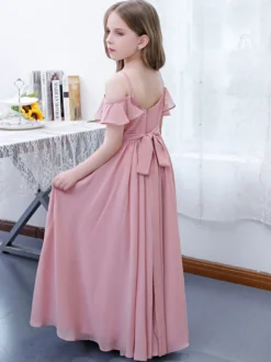 Robe cortège enfant robe cérémonie fille à bretelle zip sur dos jupe plissée