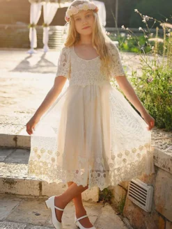 Robe cortège enfant robe cérémonie fille bohème au genou manche courte