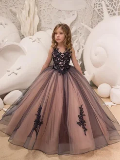 Robe cortège enfant robe de soirée mariage pour fille col V boutonné sur dos au sol