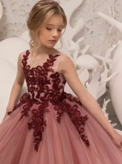 Robe cortège enfant robe de soirée mariage pour fille col V boutonné sur dos au sol