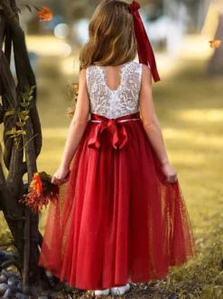 Robe cortège enfant robe fille de fleur en dentelle sans manche avec ceinture