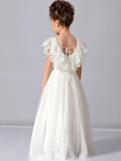 Robe cortège enfant robe fille de fleur en dentelle col rond longueur au sol