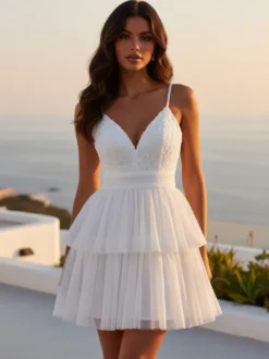 Robe courte blanche à col en V et fleurs pour soirée 2026
