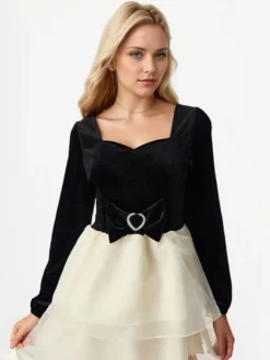 Robe courte contrastée avec nœud papillon manches longues col carré robe de fête d'anniversaire superposée 2026