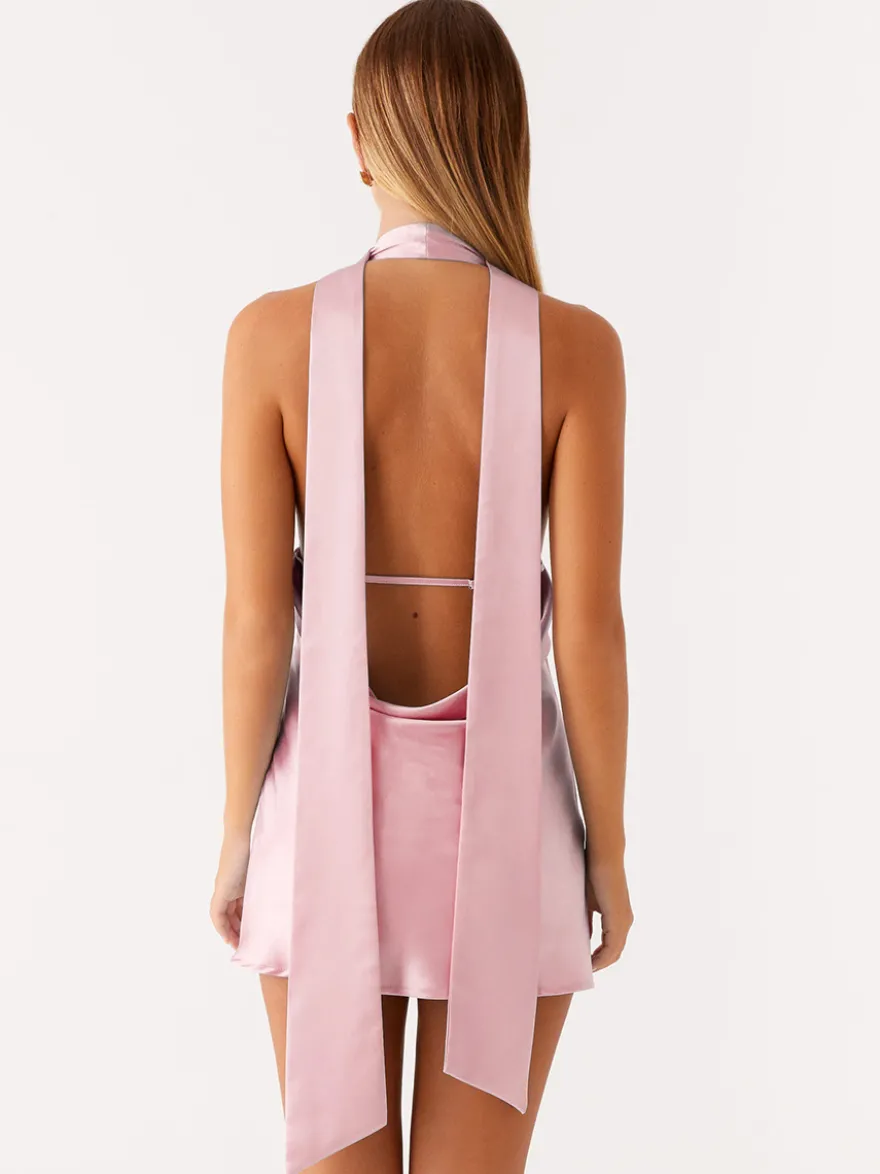 Robe courte dos nu en satin à col halter pour femme - Robe courte dos nu à décolleté plongeant avec foulard - Soirée cocktail d'été 2026