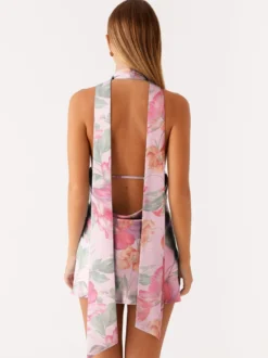Robe courte dos nu en satin à col halter pour femme - Robe courte dos nu à décolleté plongeant avec foulard - Soirée cocktail d'été 2026