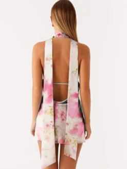 Robe courte dos nu en satin à col halter pour femme - Robe courte dos nu à décolleté plongeant avec foulard - Soirée cocktail d'été 2026