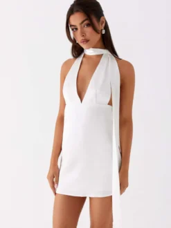 Robe courte dos nu en satin à col halter pour femme - Robe courte dos nu à décolleté plongeant avec foulard - Soirée cocktail d'été 2026