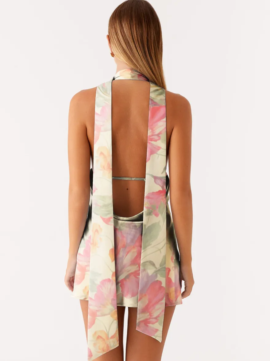 Robe courte dos nu en satin à col halter pour femme - Robe courte dos nu à décolleté plongeant avec foulard - Soirée cocktail d'été 2026