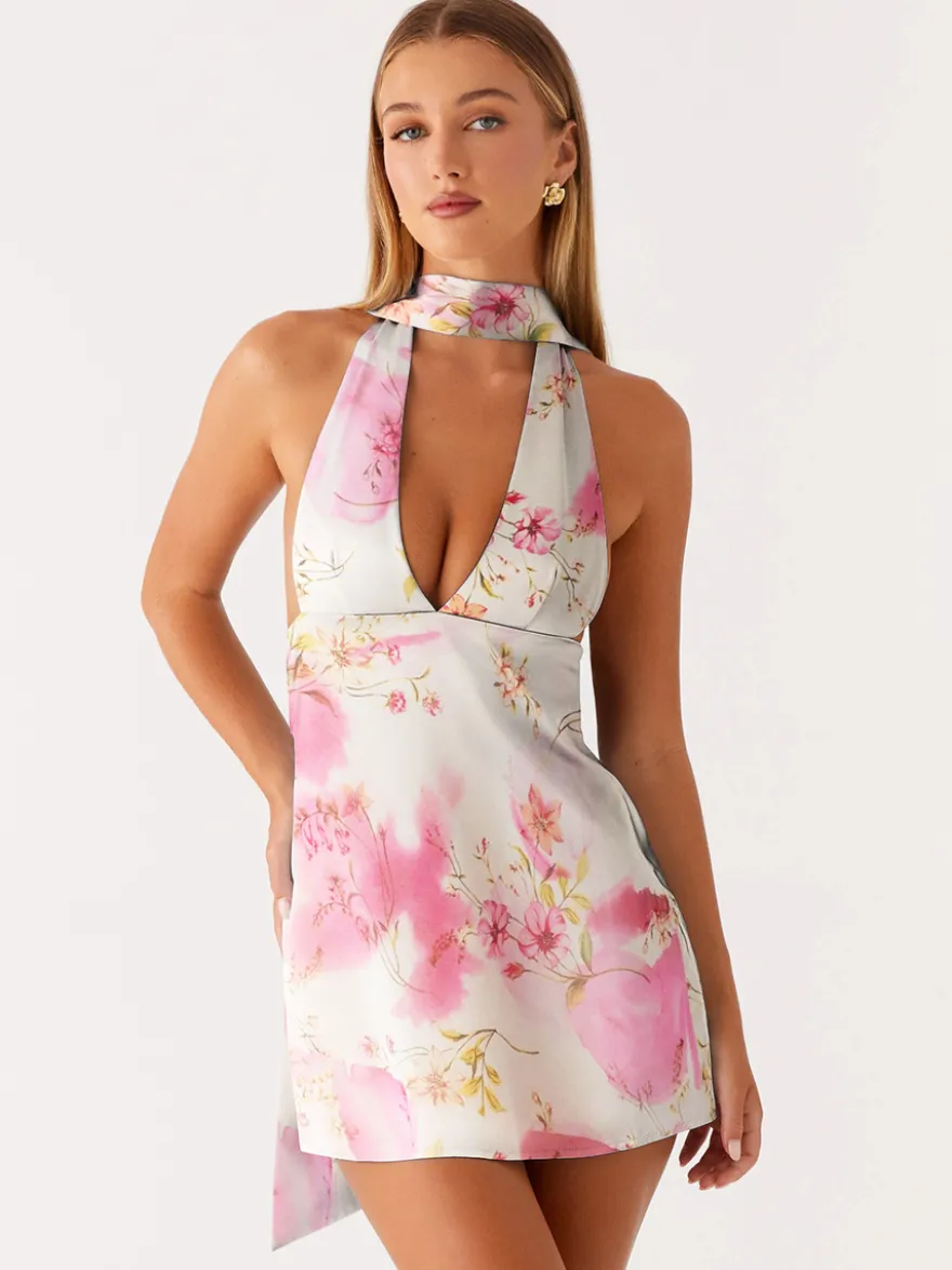 Robe courte dos nu en satin à col halter pour femme - Robe courte dos nu à décolleté plongeant avec foulard - Soirée cocktail d'été 2026