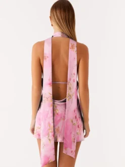 Robe courte dos nu en satin à col halter pour femme - Robe courte dos nu à décolleté plongeant avec foulard - Soirée cocktail d'été 2026