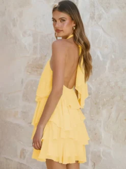 Robe courte dos nu à fleurs 3D pour femme - Élégante robe d'été en mousseline à volants et rosettes étagées - Invitée aux mariages d'été 2026