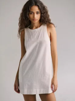 Robe courte en coton pour femme - Robe tunique décontractée sans manches à col rond et dos nu avec poches - Collection été plage 2026