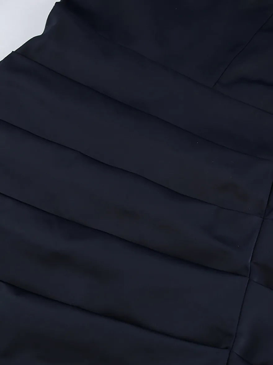 Robe courte en satin bleu marine pour femme - Élégante robe à col montant froncé et manches évasées - Idéale pour un cocktail de printemps 2026