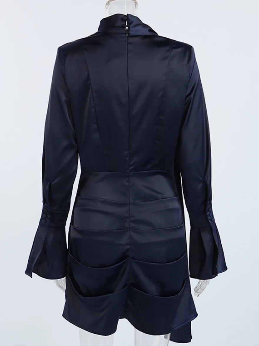 Robe courte en satin bleu marine pour femme - Élégante robe à col montant froncé et manches évasées - Idéale pour un cocktail de printemps 2026