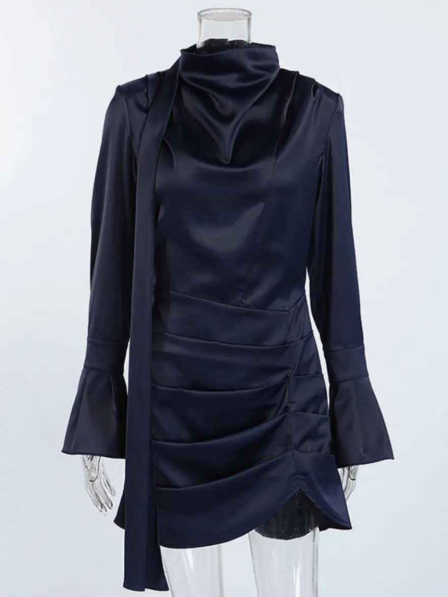 Robe courte en satin bleu marine pour femme - Élégante robe à col montant froncé et manches évasées - Idéale pour un cocktail de printemps 2026