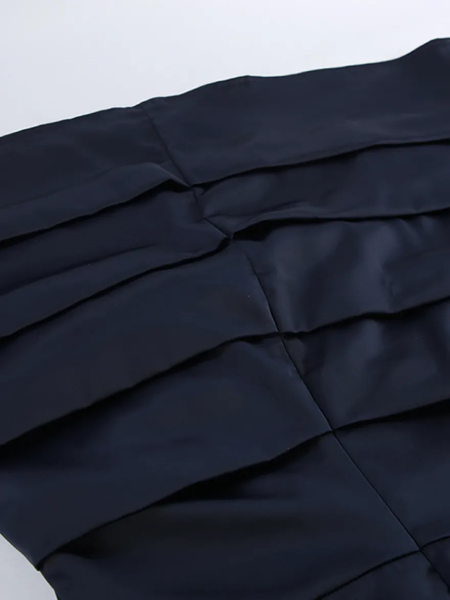 Robe courte en satin bleu marine pour femme - Élégante robe à col montant froncé et manches évasées - Idéale pour un cocktail de printemps 2026