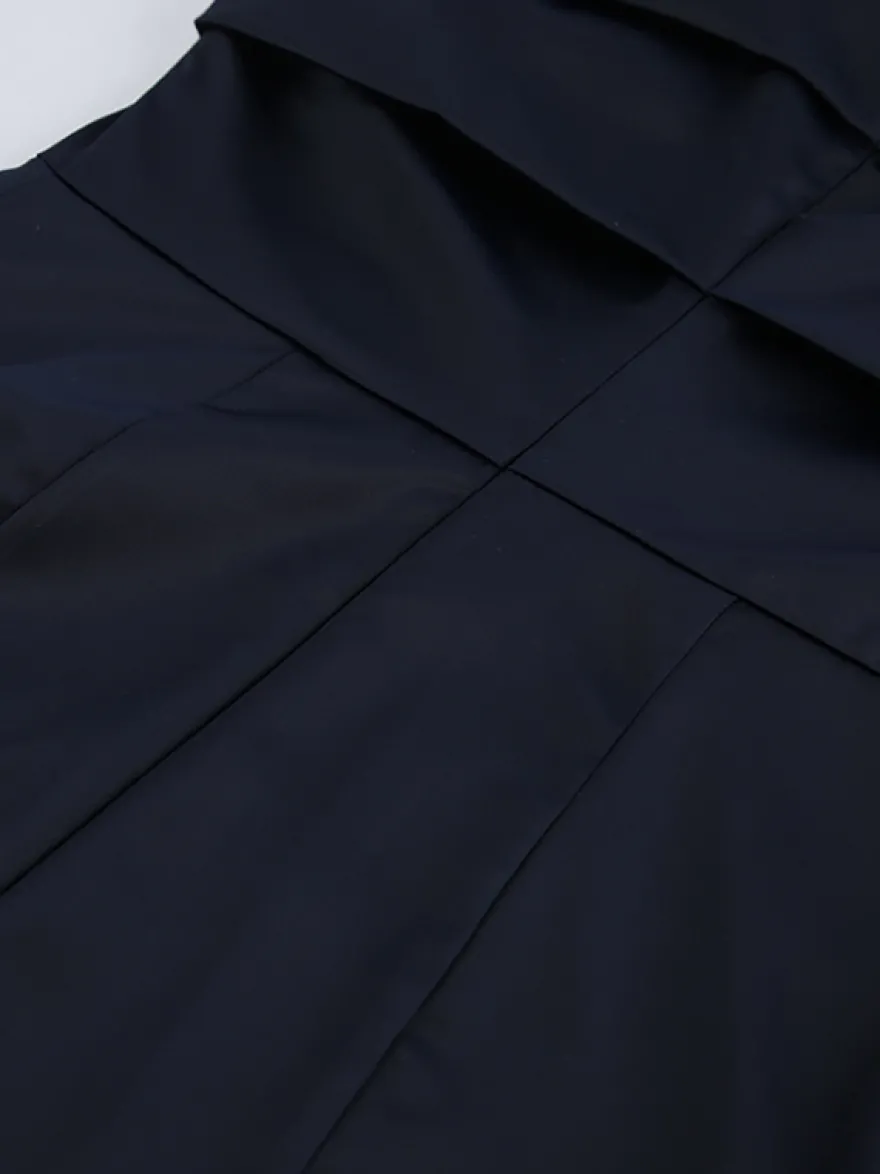 Robe courte en satin bleu marine pour femme - Élégante robe à col montant froncé et manches évasées - Idéale pour un cocktail de printemps 2026