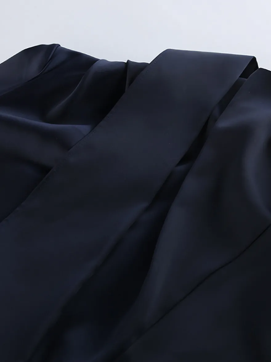 Robe courte en satin bleu marine pour femme - Élégante robe à col montant froncé et manches évasées - Idéale pour un cocktail de printemps 2026