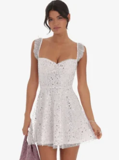 Robe courte en tulle à sequins pour femme - Décolleté cœur dos lacé sans manches coupe trapèze - Idéale pour une fête d'anniversaire d'été 2026