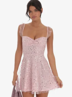 Robe courte en tulle à sequins pour femme - Décolleté cœur dos lacé sans manches coupe trapèze - Idéale pour une fête d'anniversaire d'été 2026