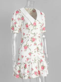 Robe courte à imprimé floral manches bouffantes col Claudine et lacets dans le dos été 2026