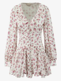 Robe courte à imprimé floral rose col en V manches longues été 2026