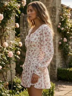 Robe courte à imprimé floral rose col en V manches longues été 2026