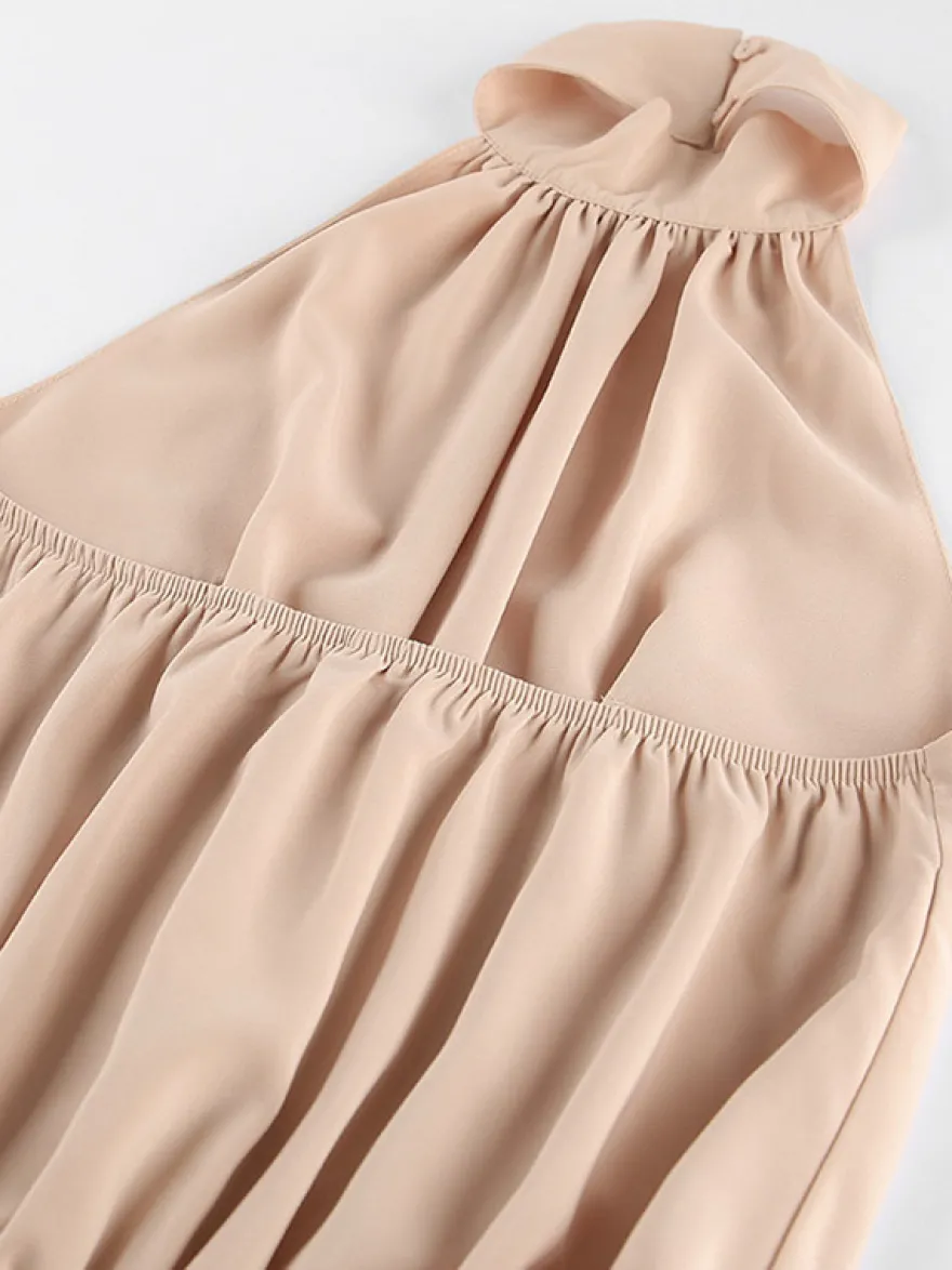 Robe courte kaki sans manches dos nu col montant taille naturelle