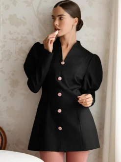 Robe courte à manches bouffantes pour femme style rétro chic - Noir élégant col montant coupe moulante - Idéale pour le printemps 2026