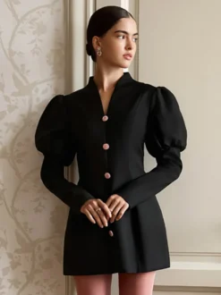 Robe courte à manches bouffantes pour femme style rétro chic - Noir élégant col montant coupe moulante - Idéale pour le printemps 2026