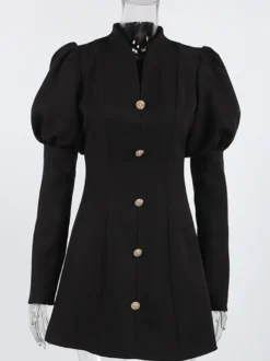Robe courte à manches bouffantes pour femme style rétro chic - Noir élégant col montant coupe moulante - Idéale pour le printemps 2026