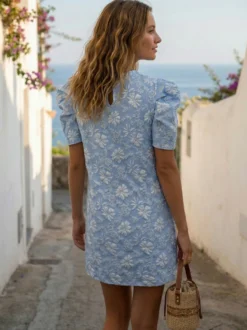 Robe courte à manches bouffantes pour femme - Robe d'été à col rond en jacquard fleuri - Idéale pour les fêtes d'été à la plage 2026