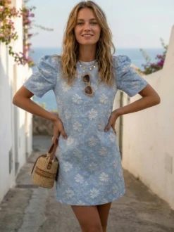 Robe courte à manches bouffantes pour femme - Robe d'été à col rond en jacquard fleuri - Idéale pour les fêtes d'été à la plage 2026