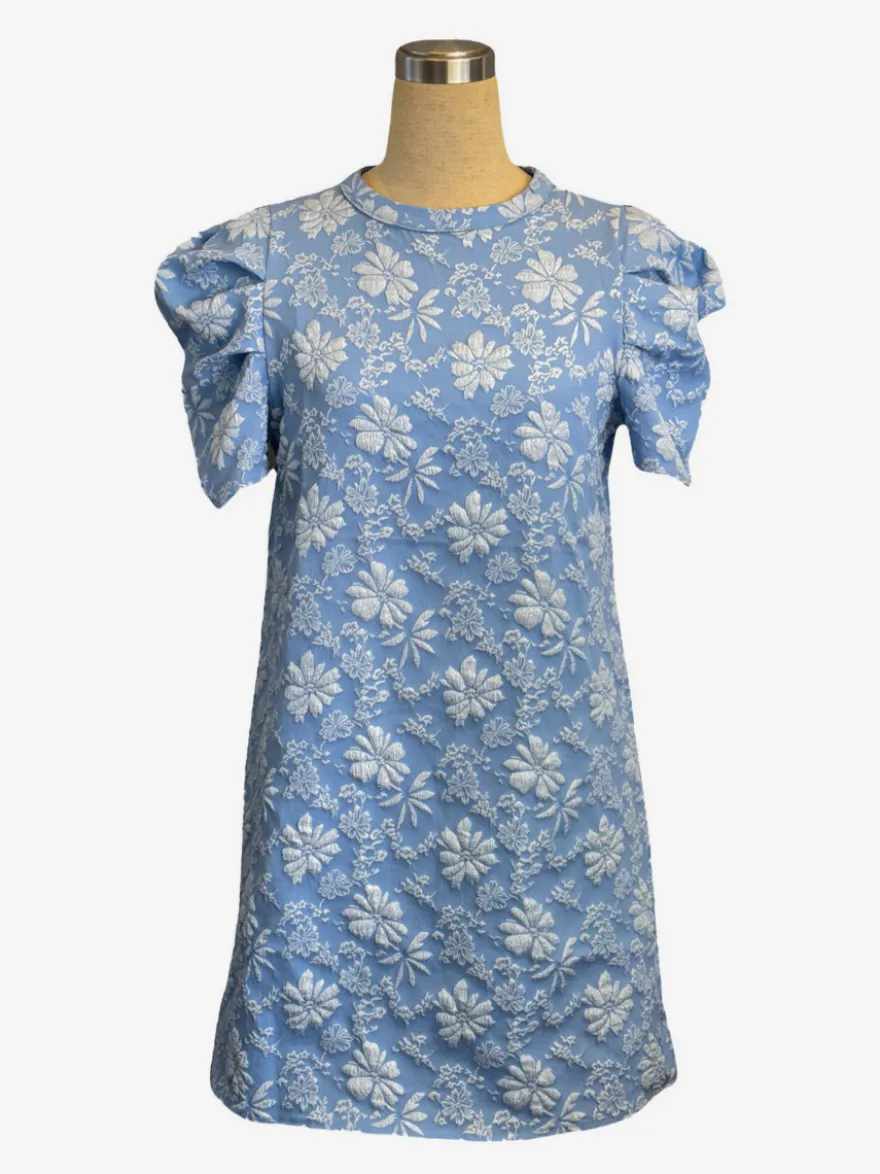 Robe courte à manches bouffantes pour femme - Robe d'été à col rond en jacquard fleuri - Idéale pour les fêtes d'été à la plage 2026
