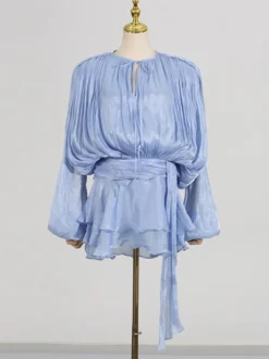 Robe courte à manches lanternes pour femme - Taille cintrée plissée et évasée - Tenue cocktail printanière 2026