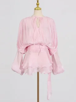Robe courte à manches lanternes pour femme - Taille cintrée plissée et évasée - Tenue cocktail printanière 2026